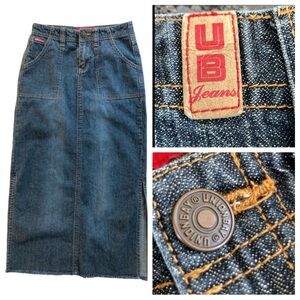 UNIONBAY 90’s Size 0 Midi Denim Jean Skirt 12” Side Slits Raw Hem Utility